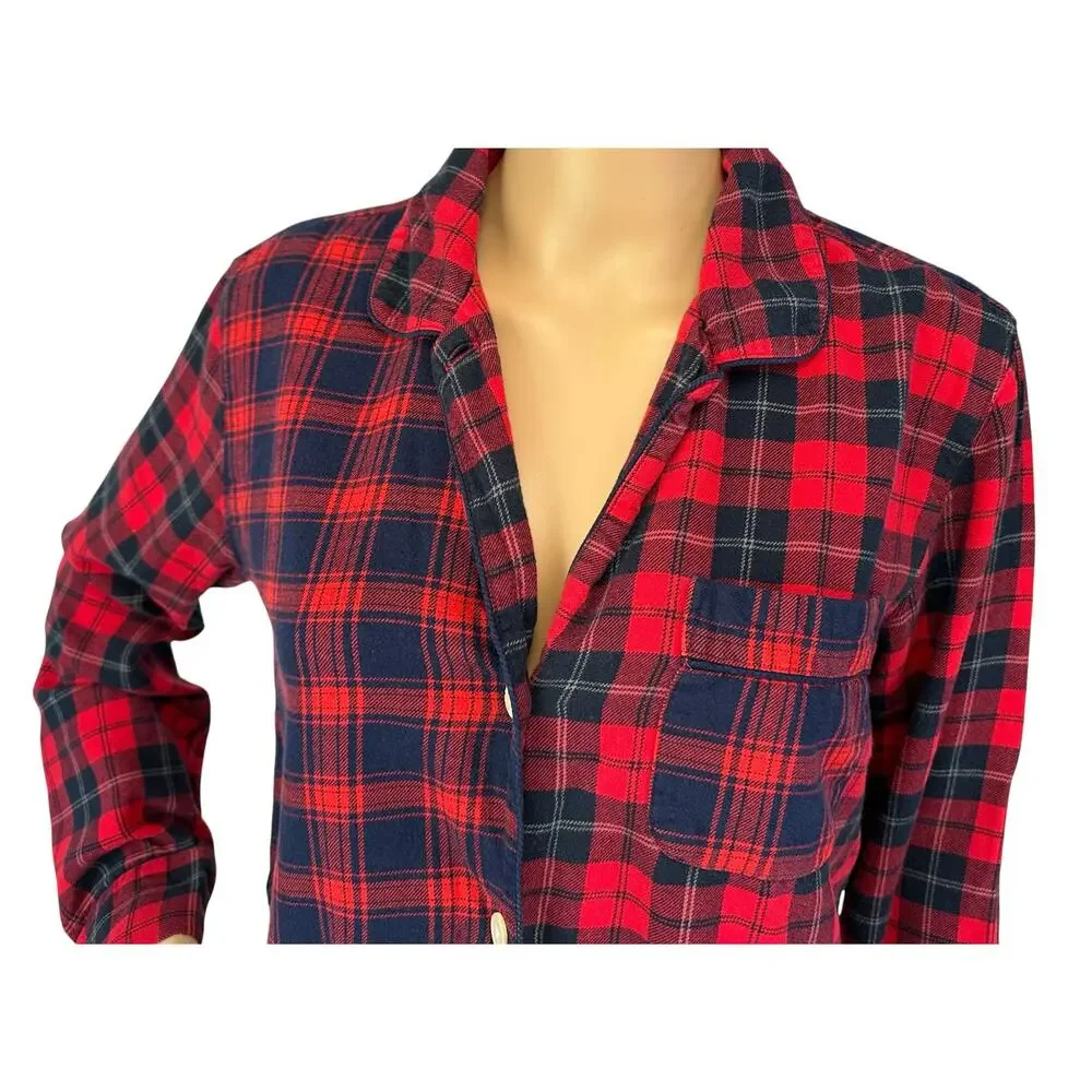 J. Crew Flannel Pajama Top Red Mixed Plaid F8383 Size XS